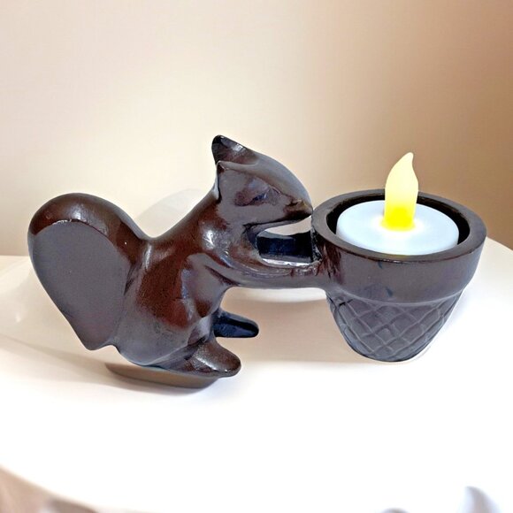 Crate & Barrel Squirrel & Acorn Votive Candle Holder Painted Brass Metal Brown - Picture 1 of 11
